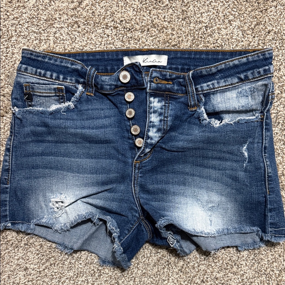 KanCan Blue Distressed Button-Fly Shorts
